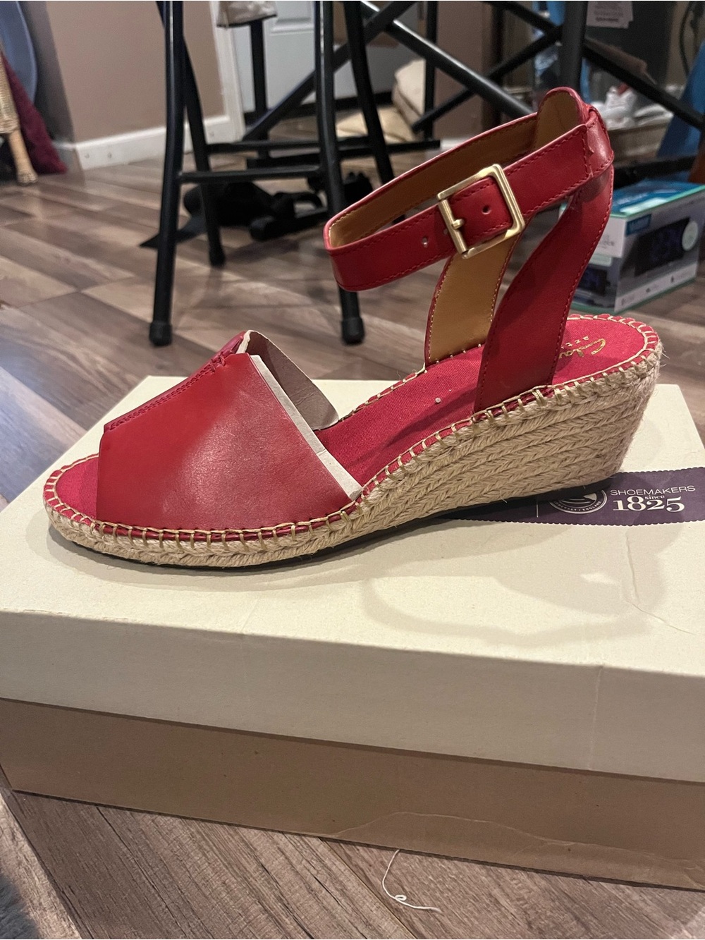 Clarks Red Leather Espadrille Wedge Sandals with Ankle Strap